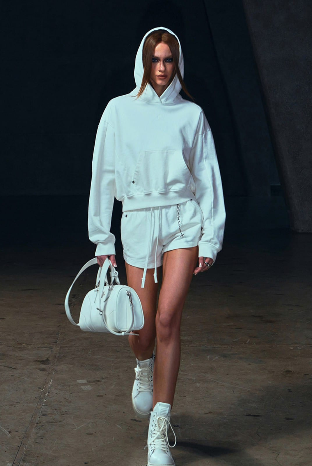 SMFK Meditation Cropped Cotton Hoodie in White - On Female Model