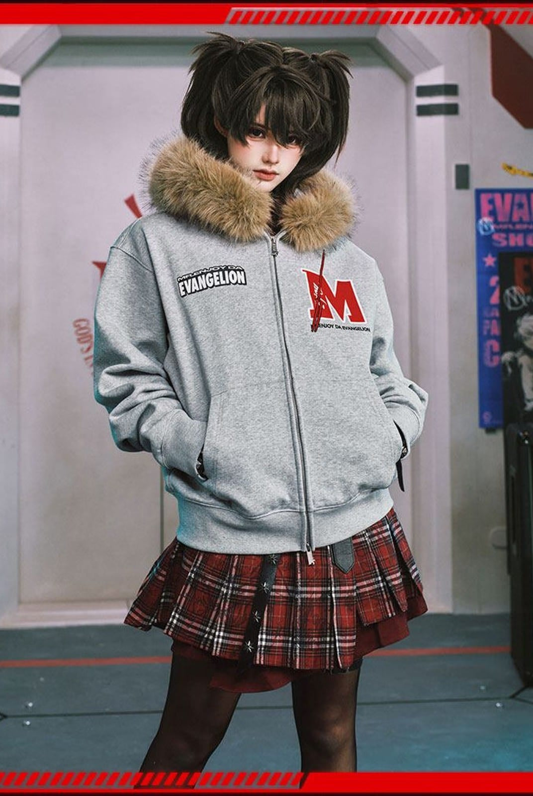 MEDM Faux Fur Trimmed Graphic Zip Hoodie in Gray - On Female Model