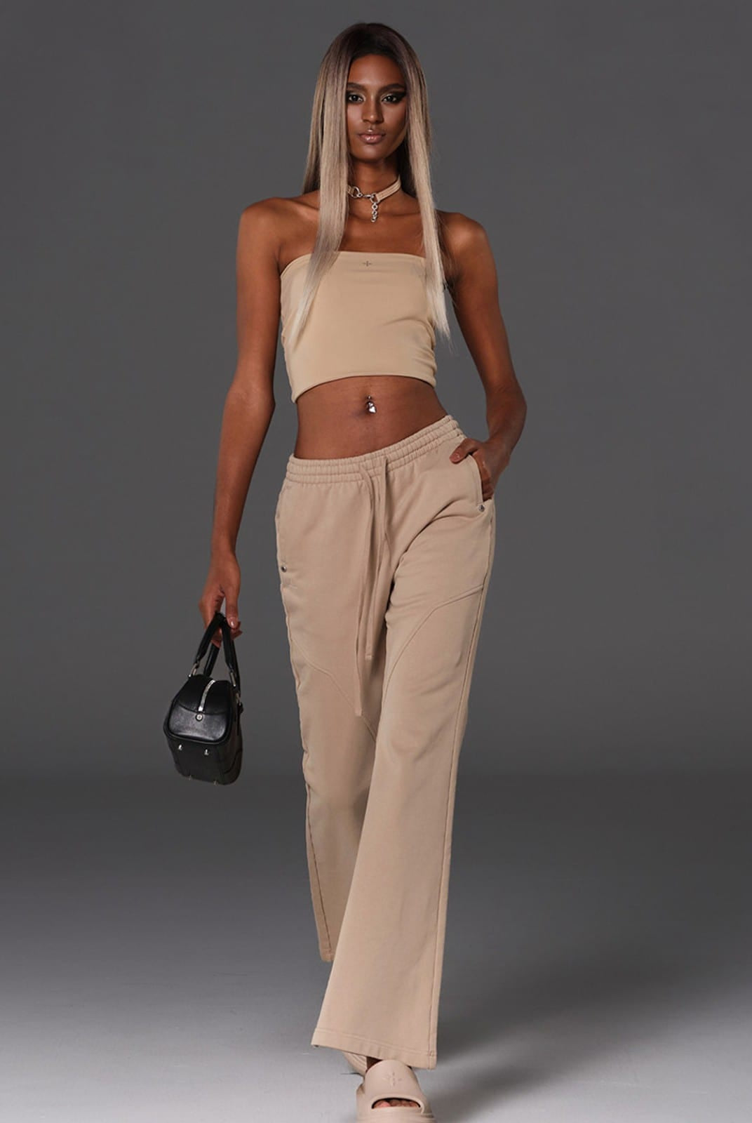 SMFK Cotton Blend Flared Sweatpants in Beige - On Female Model
