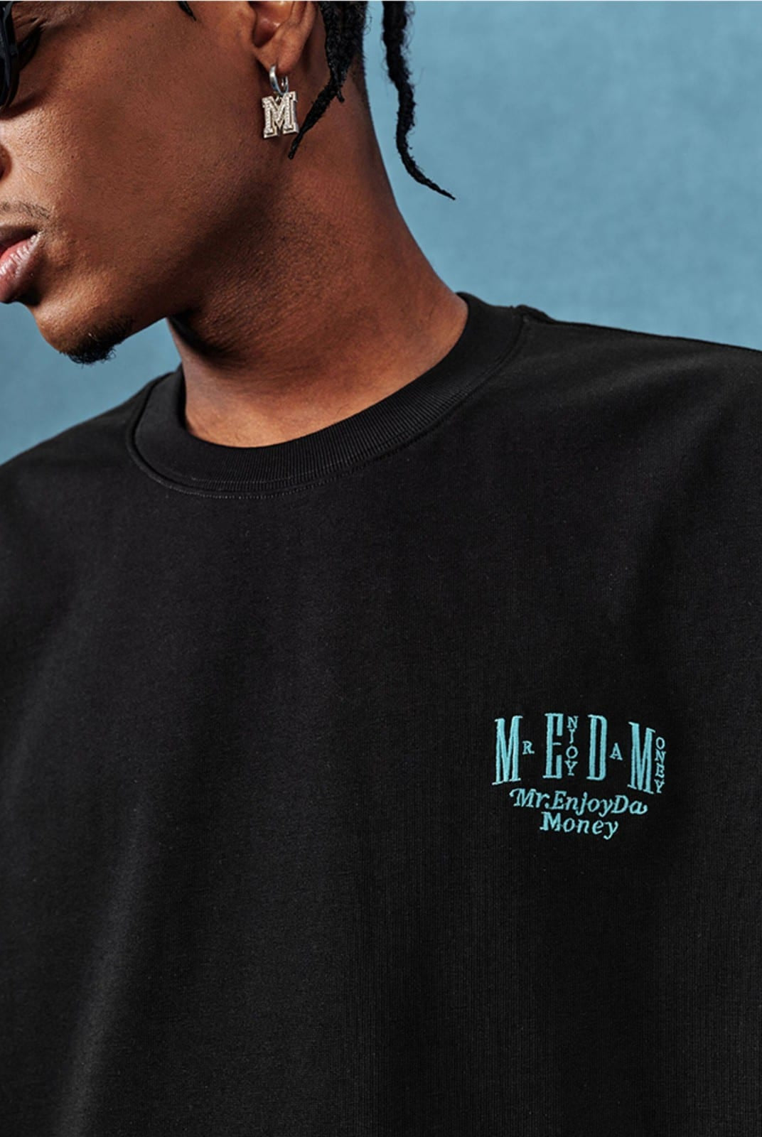 MEDM Letter Embroidery Cotton T Shirt in Black - On Male Model