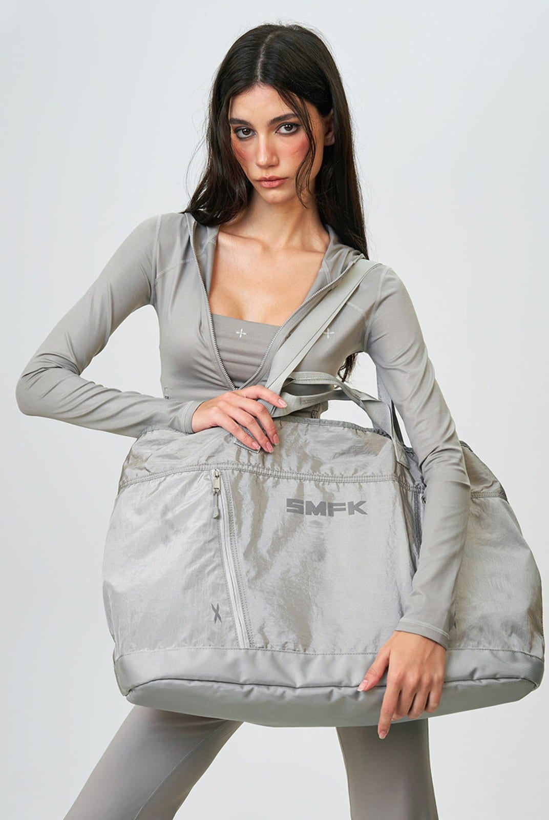SMFK Large Polyamide Fitness Bag in Gray - On Female Model
