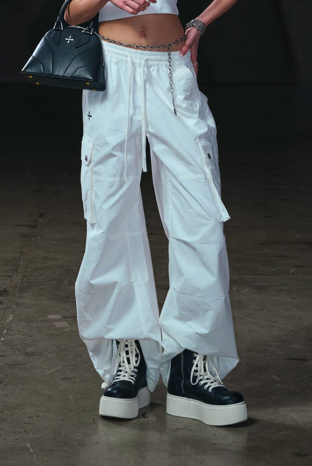 SMFK Garment Dyed Drawstring Cargo Pants in White - On Female Model