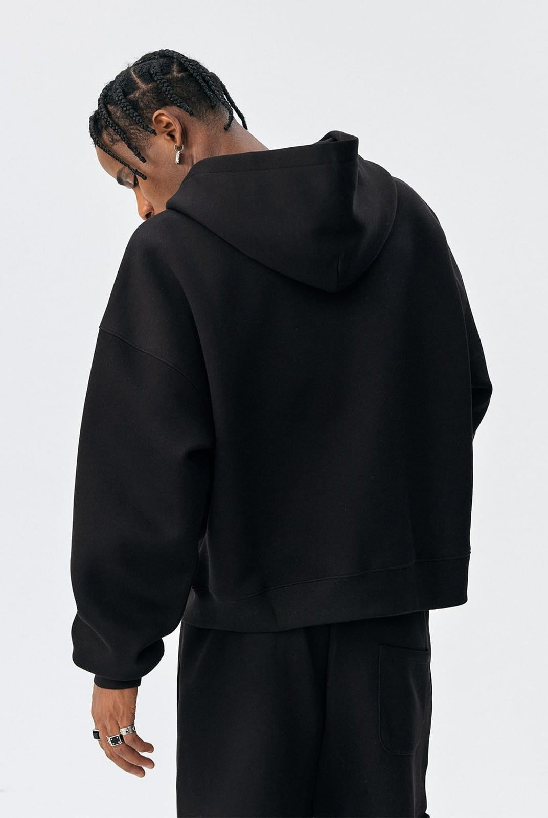 MEDM Embroidered Cotton Blend Zip Up Hoodie in Black - On Male Model