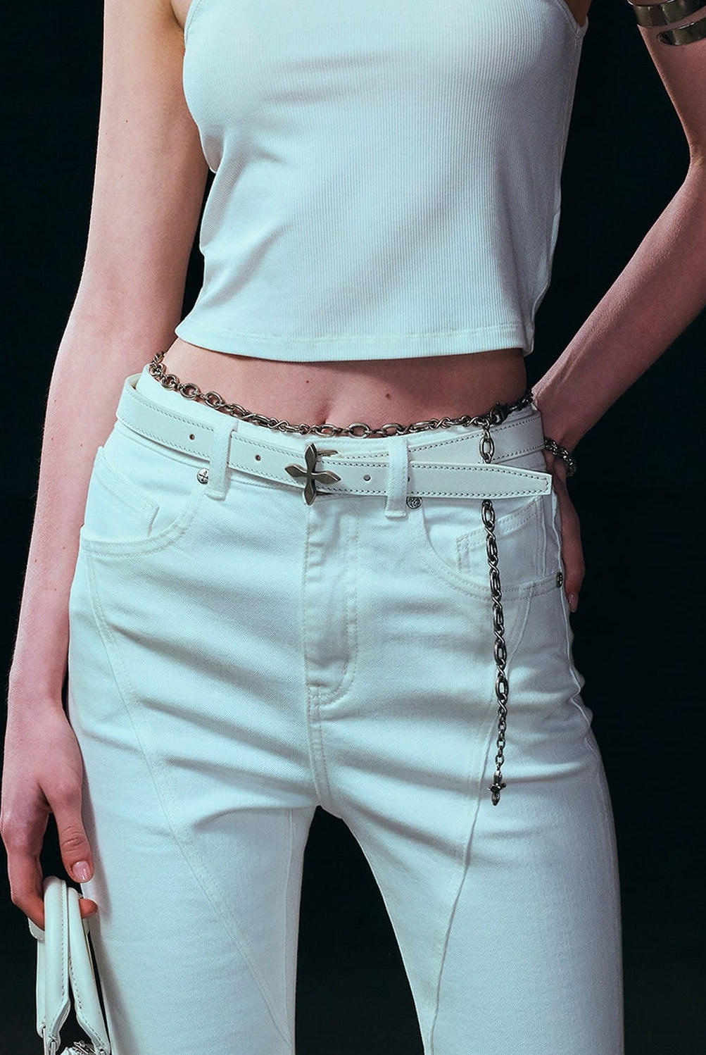 SMFK Thin Leather Cross Buckle Belt in White - On Female Model