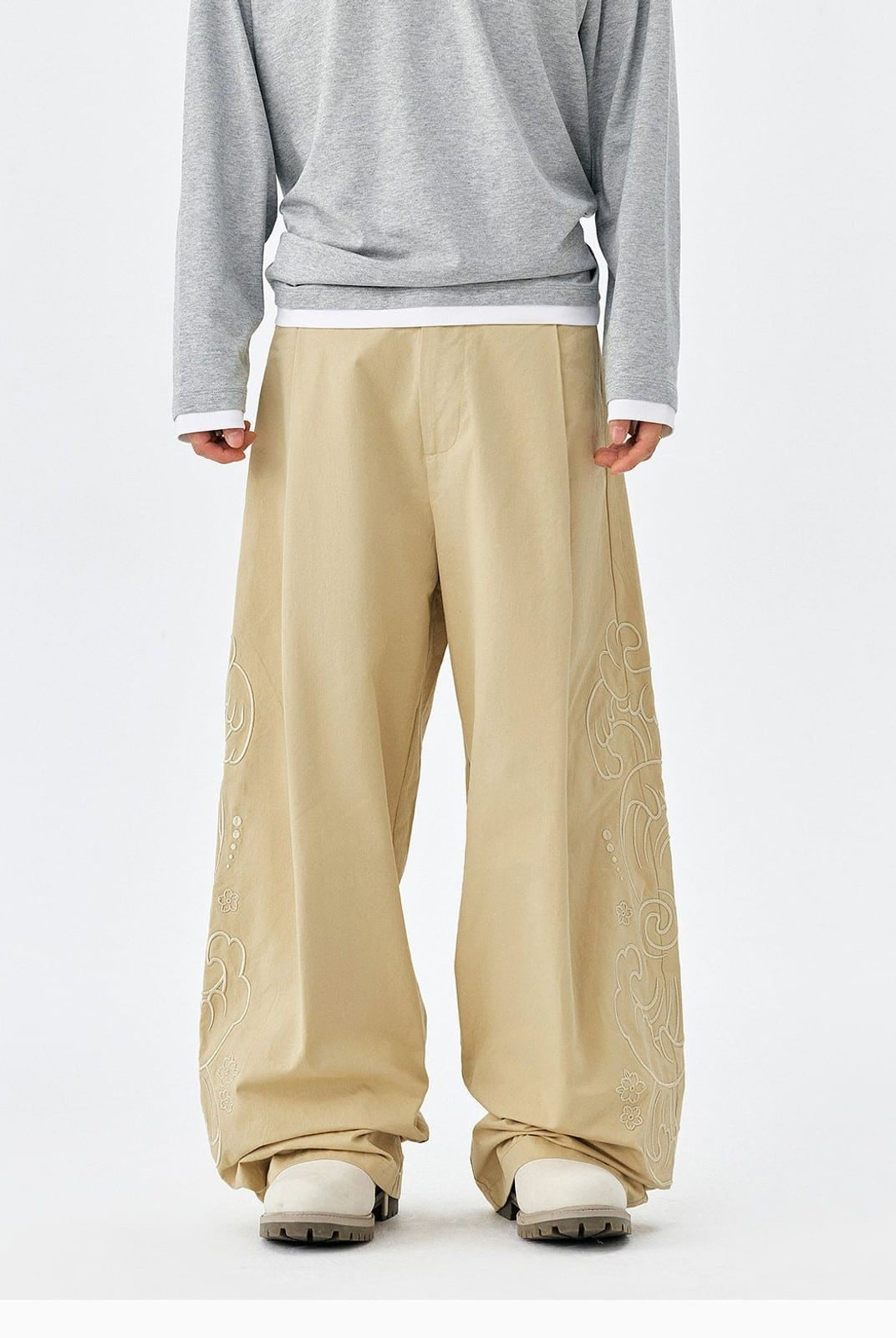 MEDM Embroidered Cotton Cargo Pants in Beige - On Model