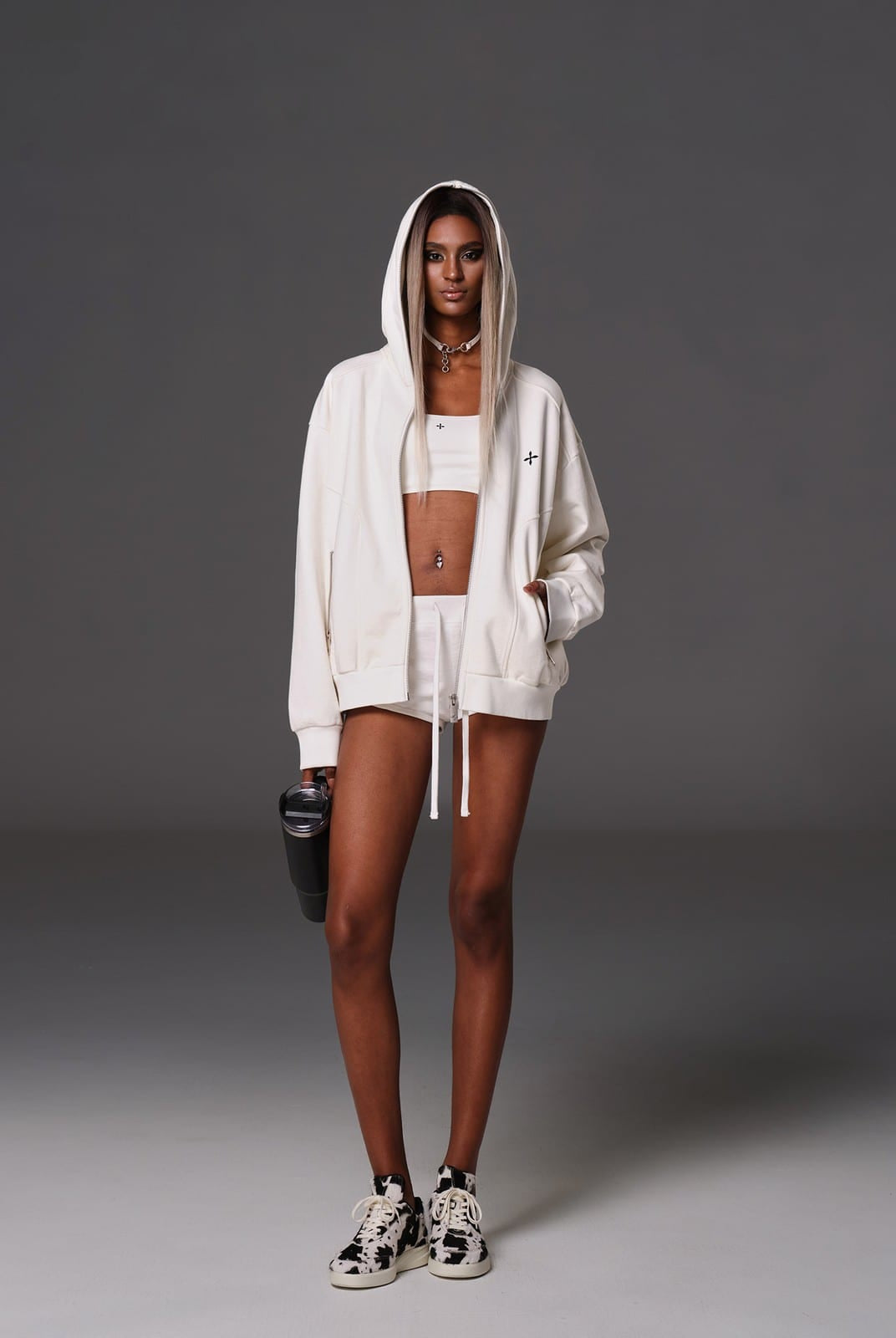 SMFK Cotton Wool Oversized Zip Up Hoodie in White - On Female Model