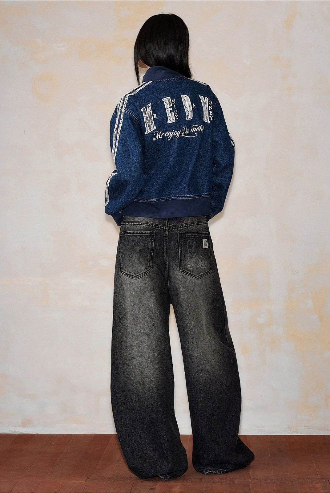 MEDM Lace Trim Stand Collar Denim Jacket in Denim - On Model