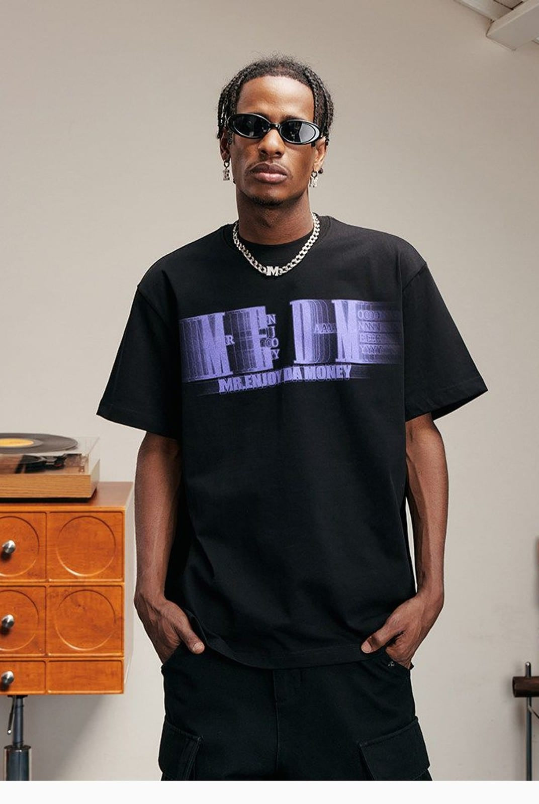MEDM Glitch Logo Graphic Cotton T Shirt in Purple - On Male Model