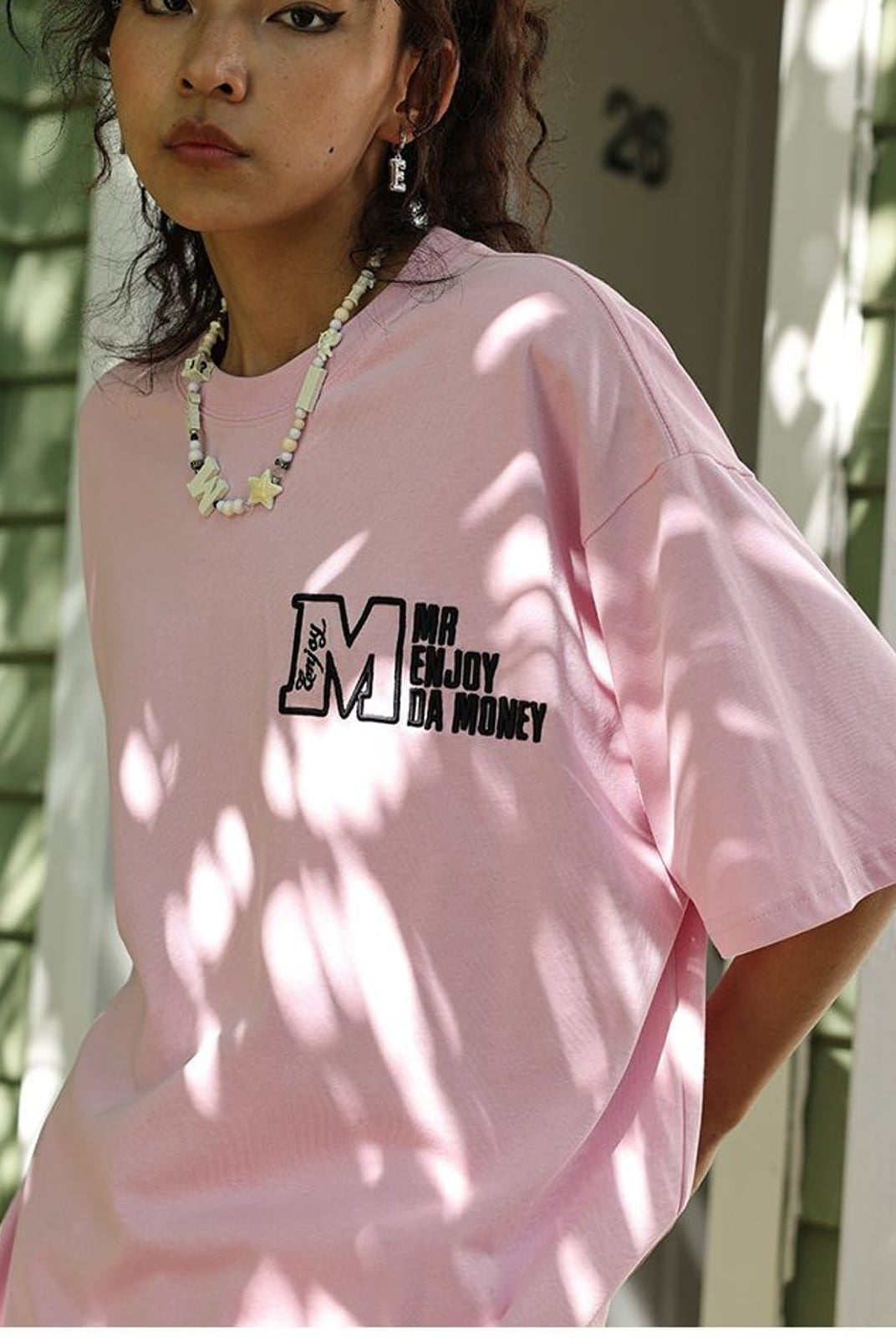 MEDM Half Sleeve Cotton Logo T Shirt in Pink - On Female Model