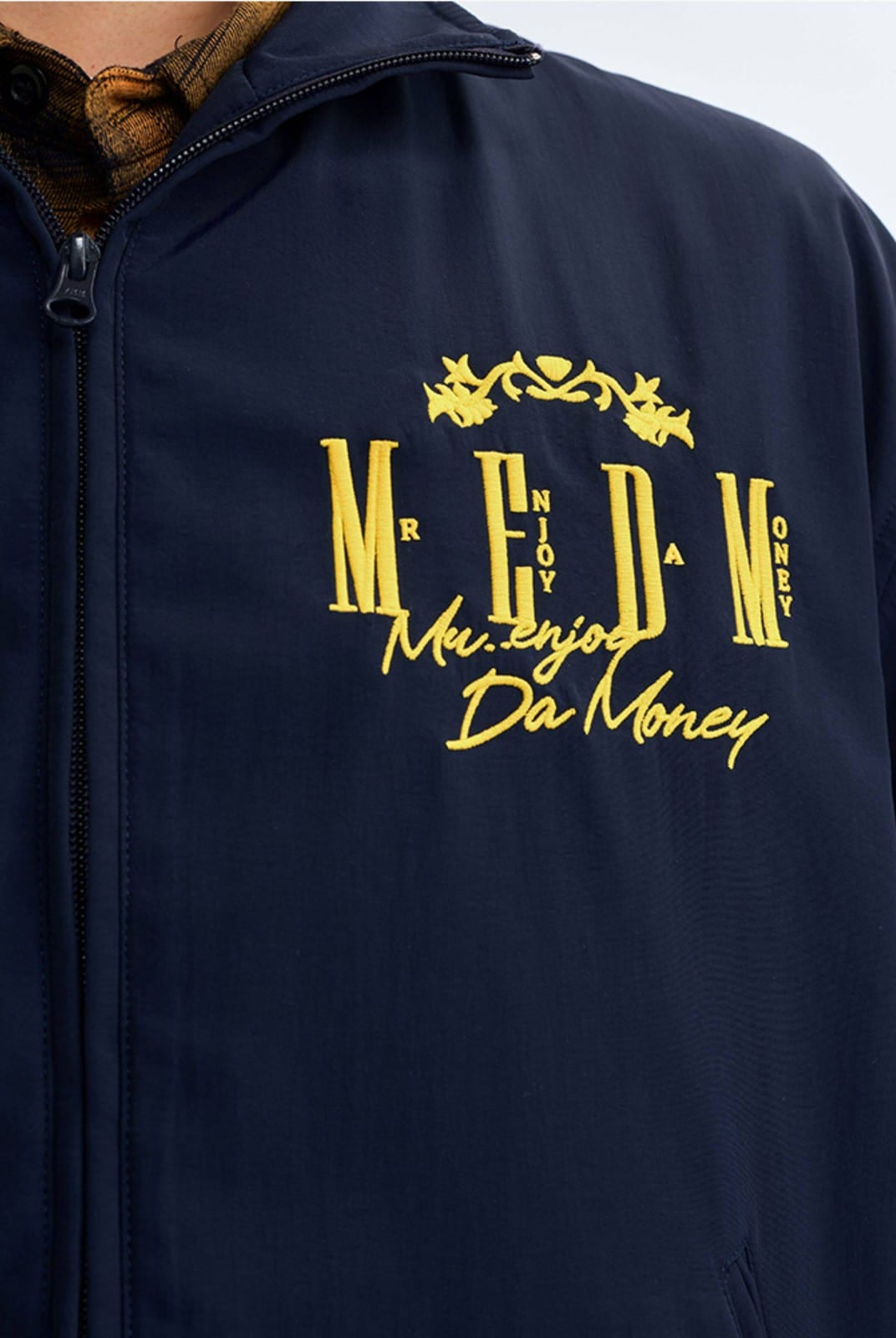 MEDM Nylon Stand Collar Coach Jacket in Navy Blue - On Model