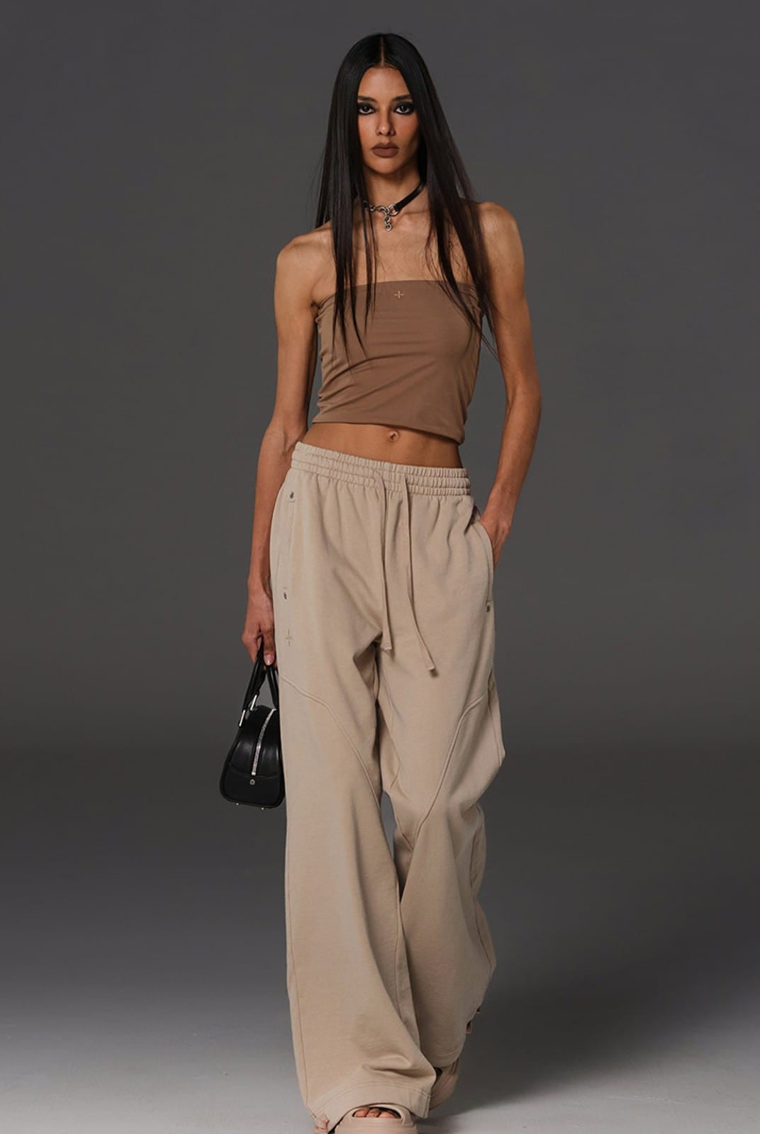 SMFK Cotton Wool Flared Sweatpants in Beige - On Female Model
