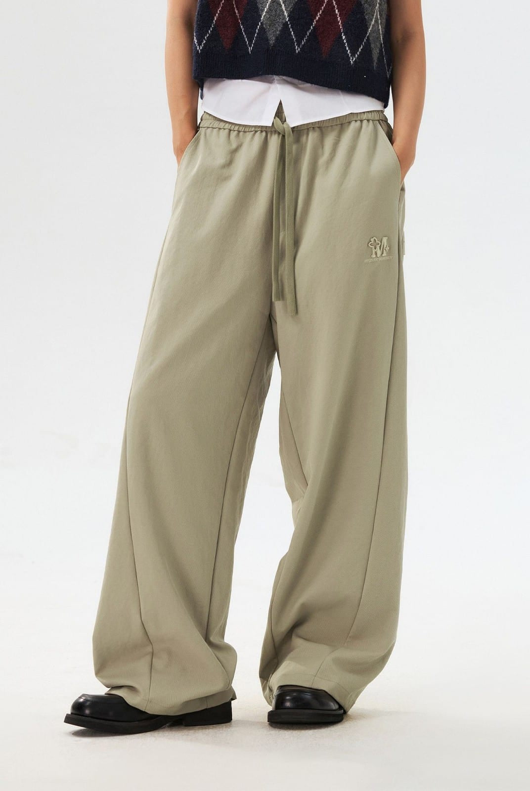 MEDM Spliced Drawstring Wide Leg Trousers in Beige - On Model