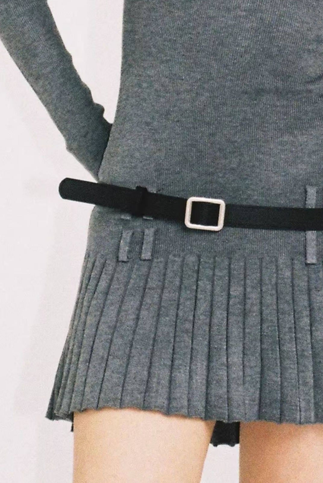 SweetChilling Layered Look Pleated Dress with Belt in Light Gray - On Female Model
