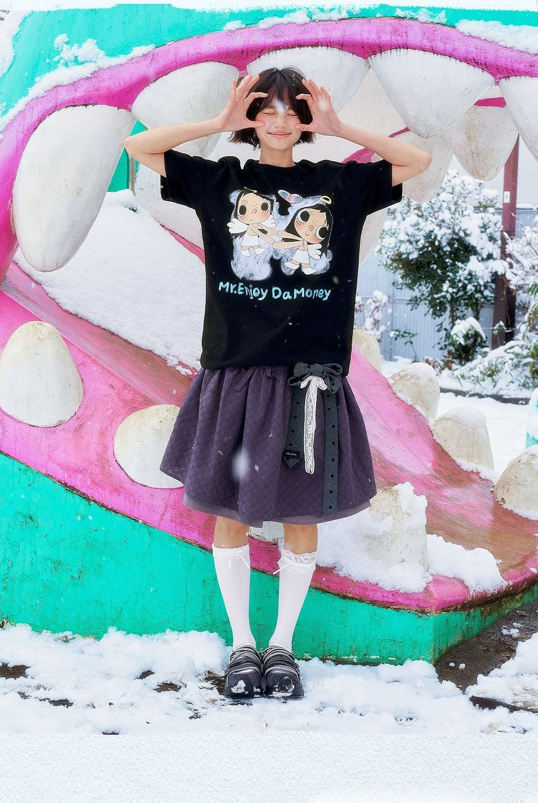MEDM Embroidered Heart Cotton T Shirt in Black - On Female Model
