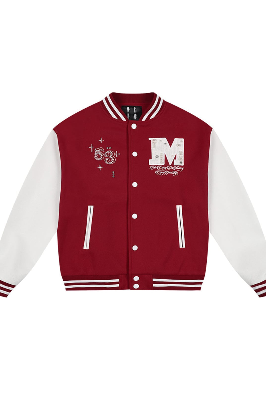 MEDM Pearl Embellished Varsity Jacket in Burgundy