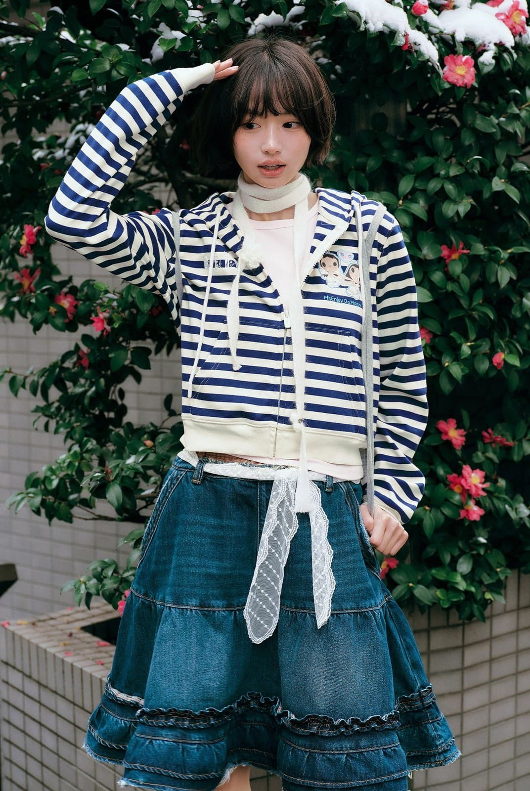 MEDM Cropped Striped Applique Zip Hoodie in Navy Blue - On Female Model