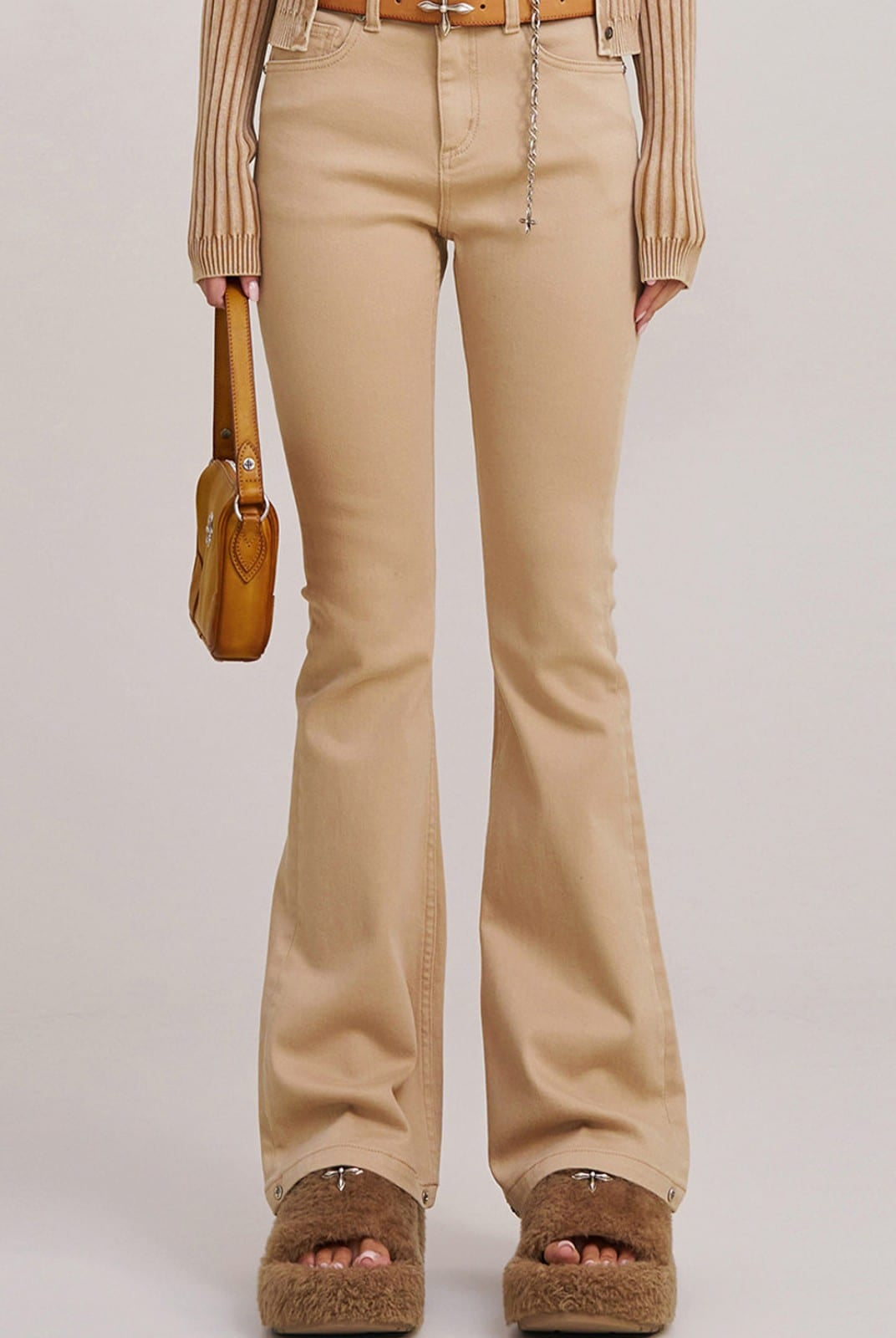 SMFK Stretch Cotton Flared Jeans in Beige - On Female Model