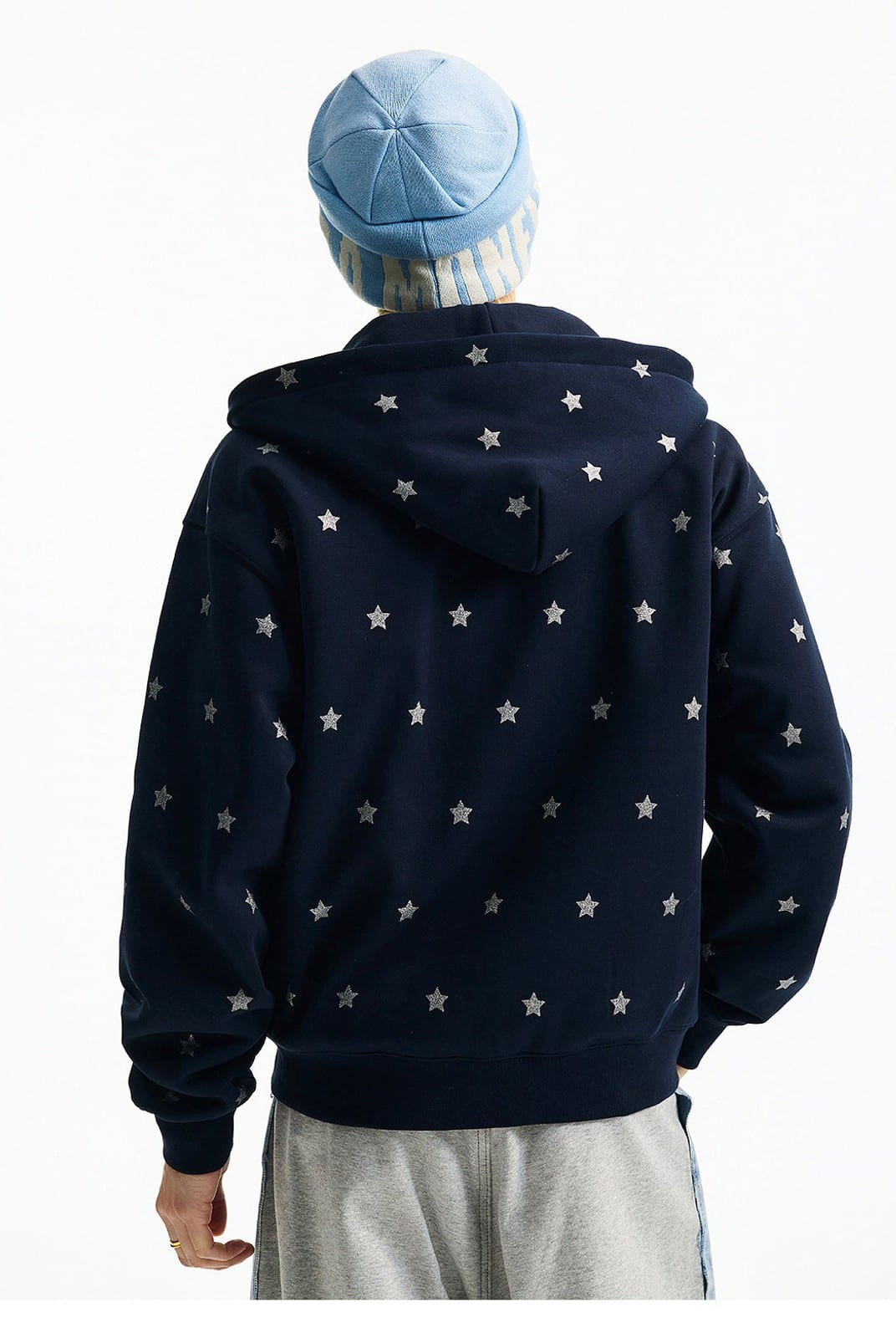 MEDM Fleece Lined Star Print Zip Hoodie in Navy Blue - On Model