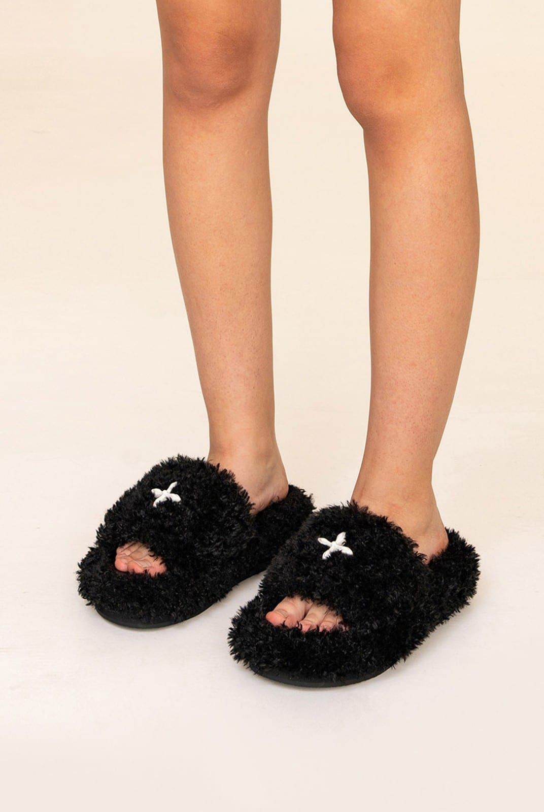 SMFK Cross Motif Faux Fur Platform Slides in Black - On Model