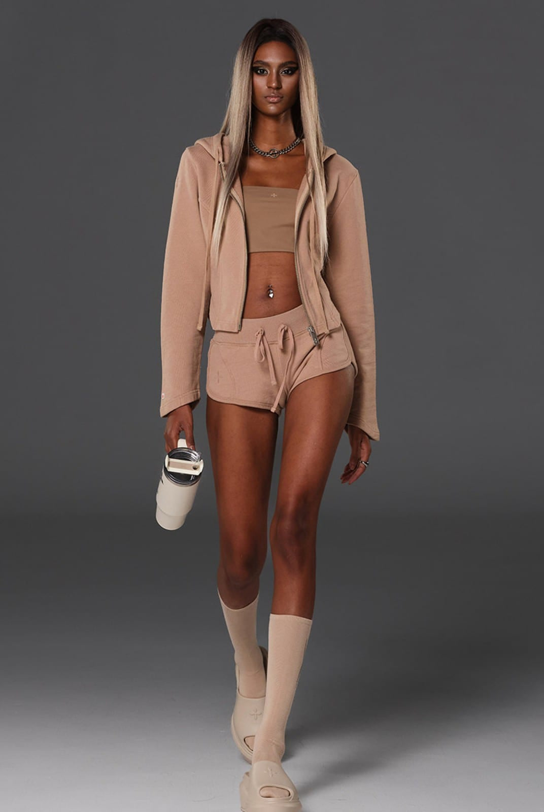 SMFK Cotton Blend Zip Up Hoodie in Beige - On Female Model