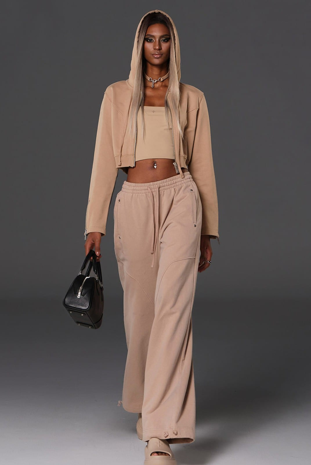 SMFK Cotton Wool Blend Cropped Zip Up Hoodie in Beige - On Female Model