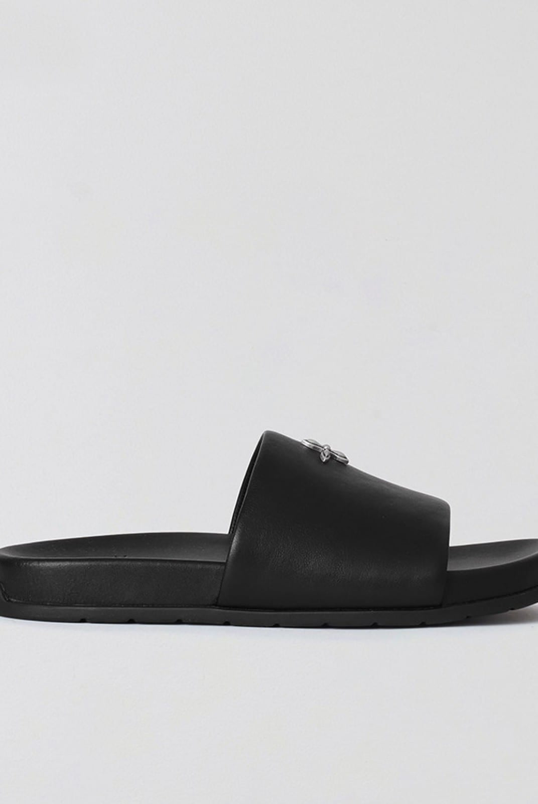 SMFK Leather Cross Detail Slide Sandals in Black