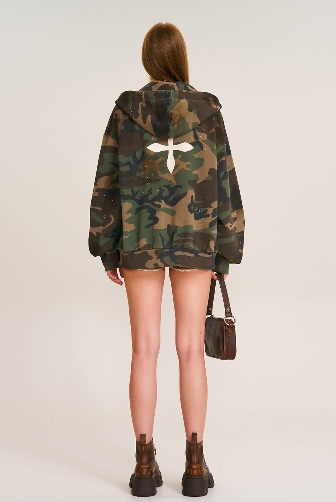 SMFK Cross Embroidered Zip Up Hoodie in Olive - On Female Model