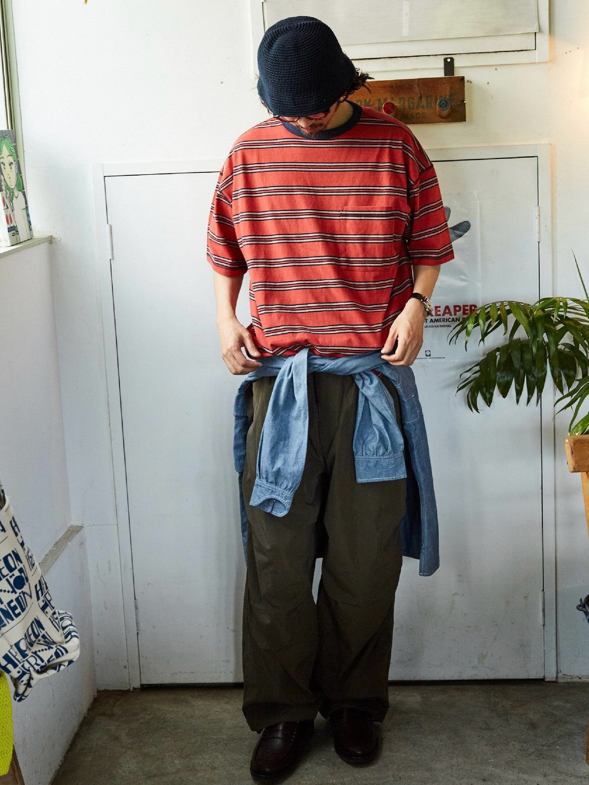 USAGE Retro Striped Cotton T Shirt in Red - On Male Model