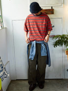 USAGE Retro Striped Cotton T Shirt in Red - On Male Model