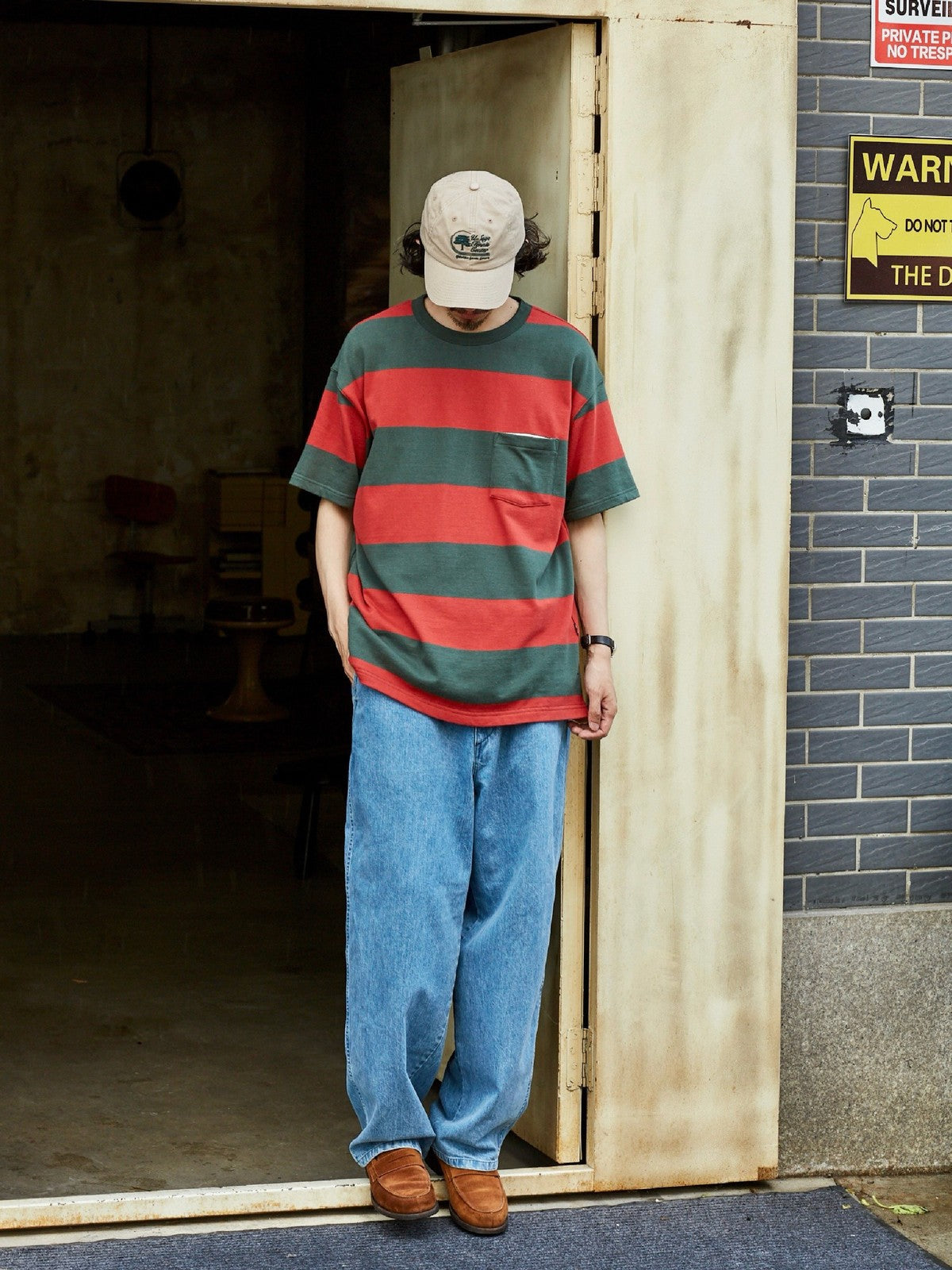 USAGE Wide Striped Cotton Pocket T Shirt in Green - On Male Model