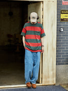 USAGE Wide Striped Cotton Pocket T Shirt in Green - On Male Model