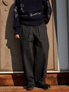 USAGE Heavyweight Herringbone Baker Pants in Navy Blue - On Model