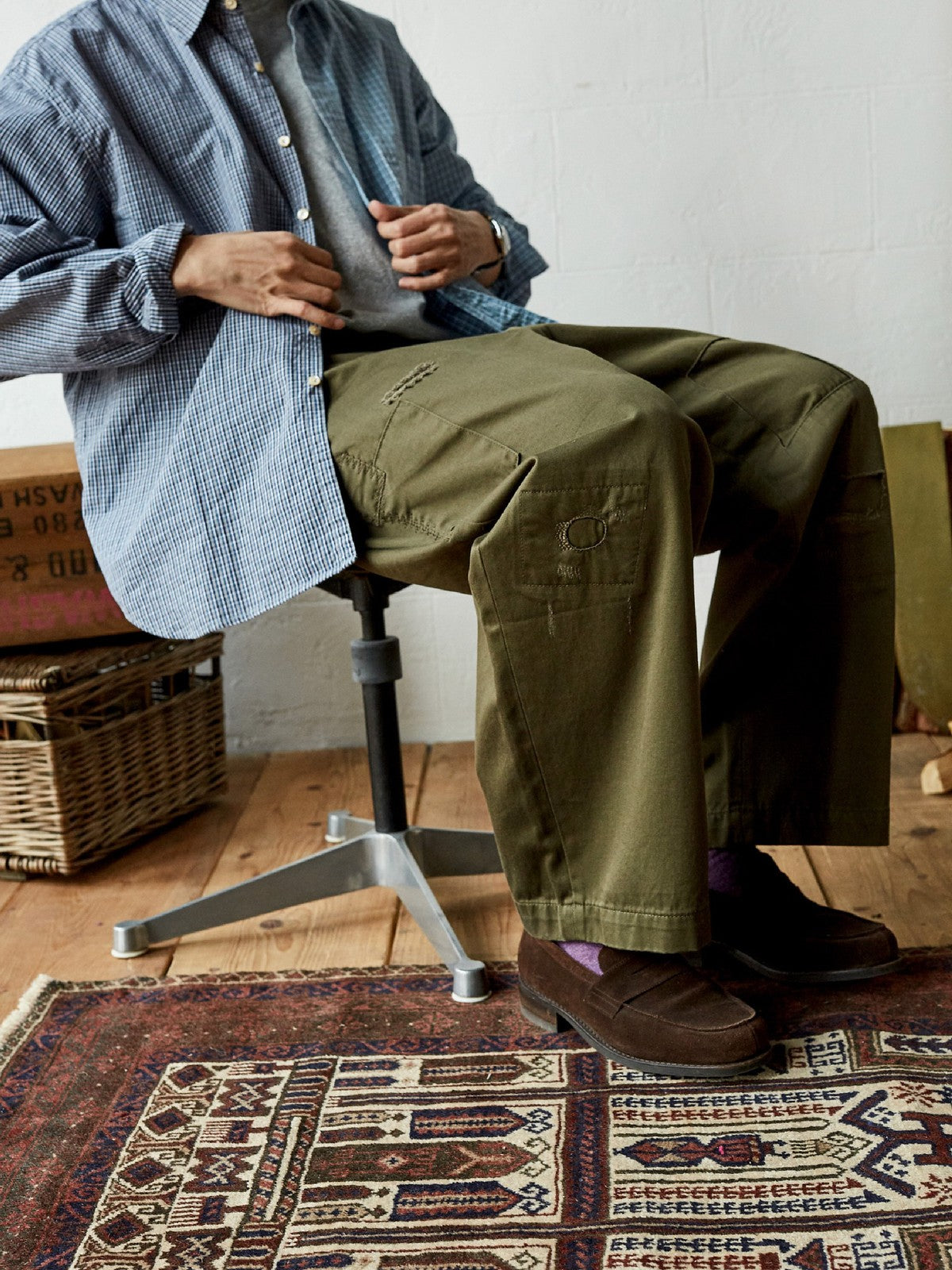 USAGE Hand Distressed Patched Chinos in Olive - On Male Model