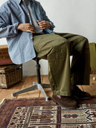 USAGE Hand Distressed Patched Chinos in Olive - On Male Model