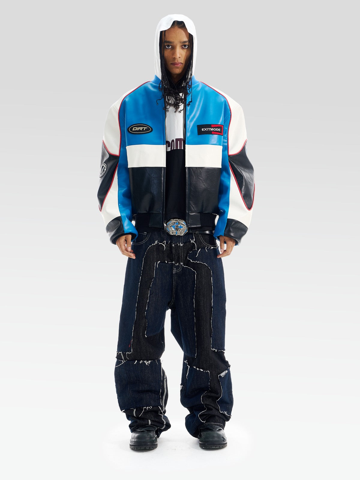BLINDNOPLAN Color Block Faux Leather Padded Jacket in Blue - On Male Model