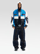 BLINDNOPLAN Color Block Faux Leather Padded Jacket in Blue - On Male Model