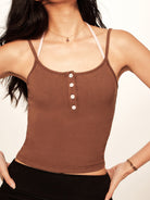BEERBRO Ribbed Layered Halter Tank in Brown - On Female Model