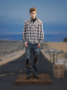 SOD Embroidered Plaid Western Shirt in Gray - On Male Model