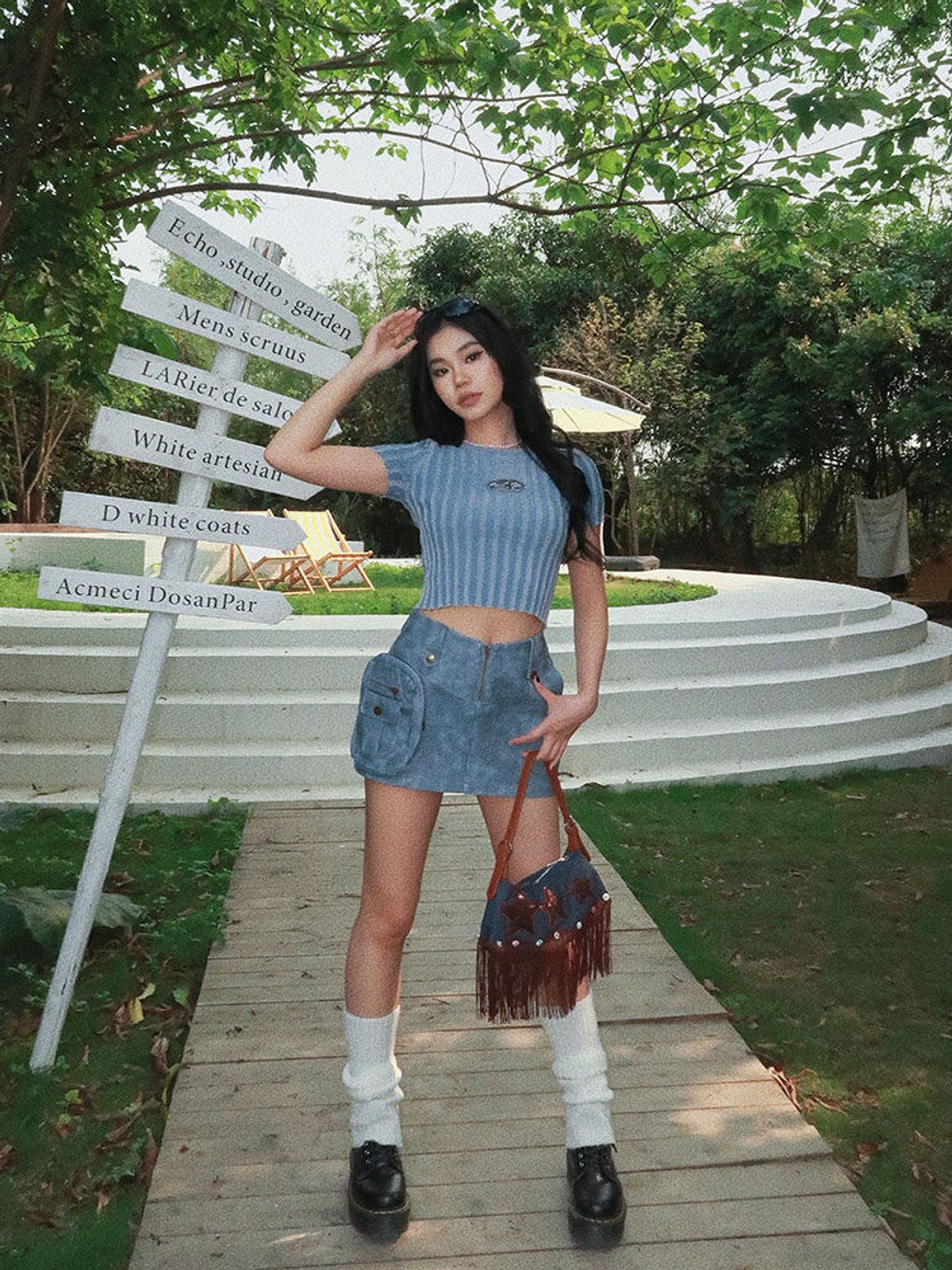BEERBRO V Waist Leather Cargo Mini Skirt in Denim - On Female Model