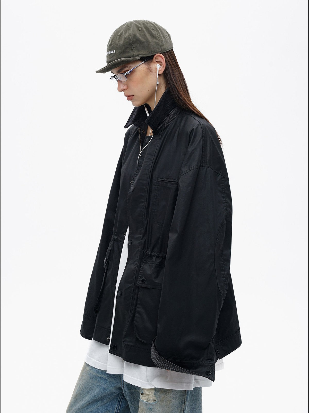 MASONPRINCE Waxed Cotton Barn Jacket in Black - On Female Model