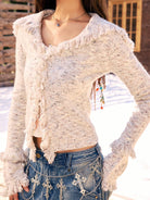 BEERBRO Raw Edge Textured Knit Cardigan in White - On Female Model