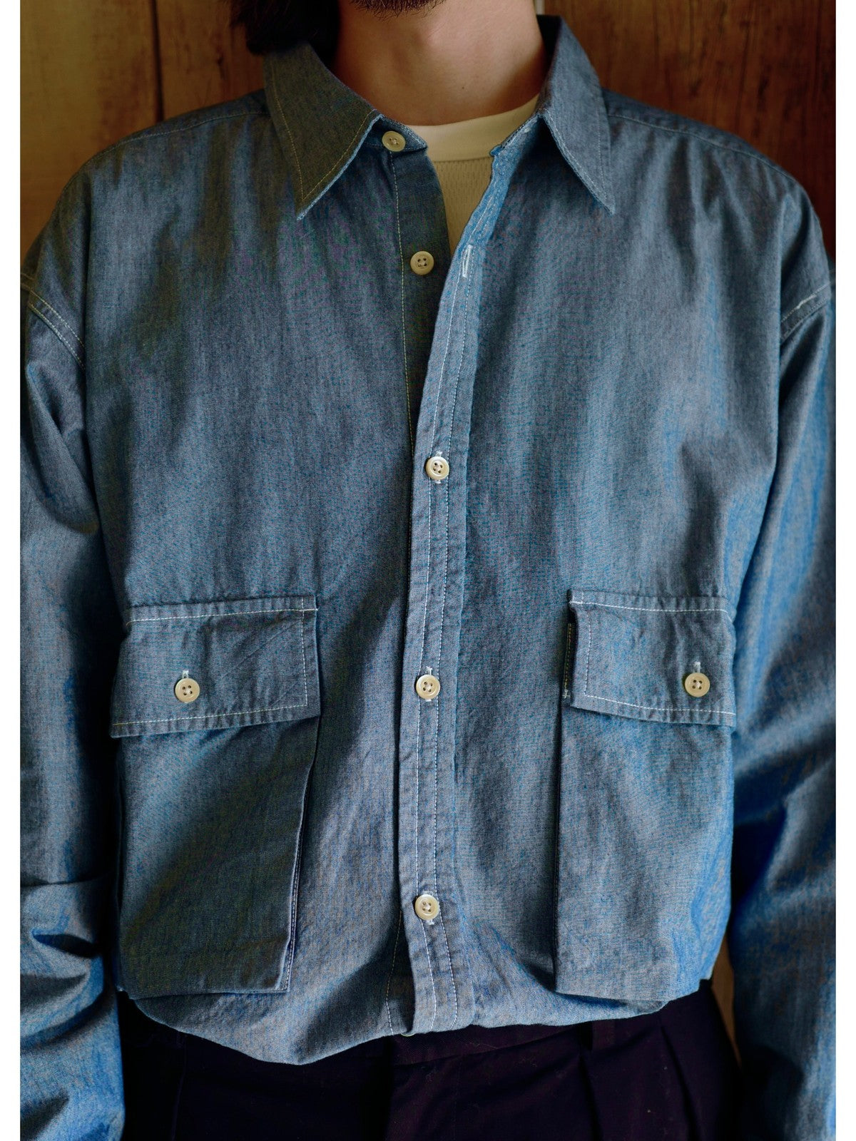 USAGE Cotton Chambray Safari Shirt in Denim - On Male Model