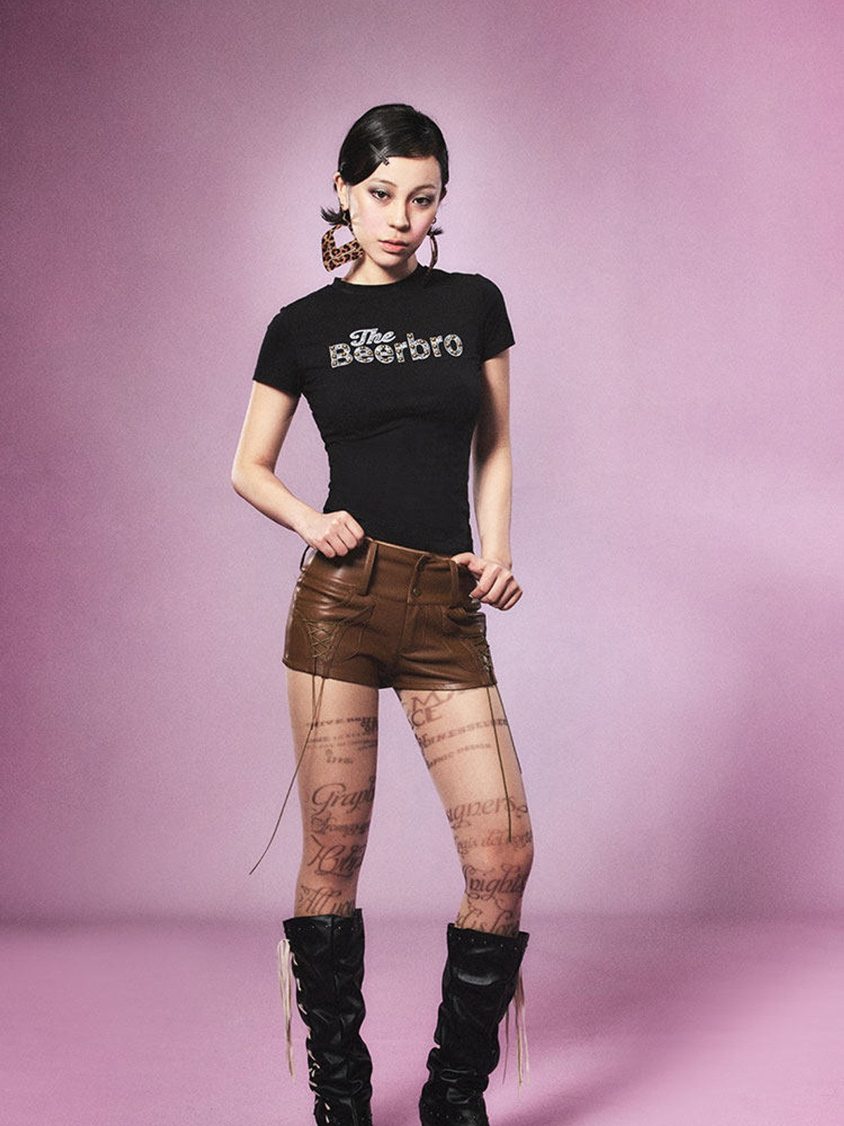 BEERBRO Lace Up Faux Leather Hot Pants in Brown - On Female Model