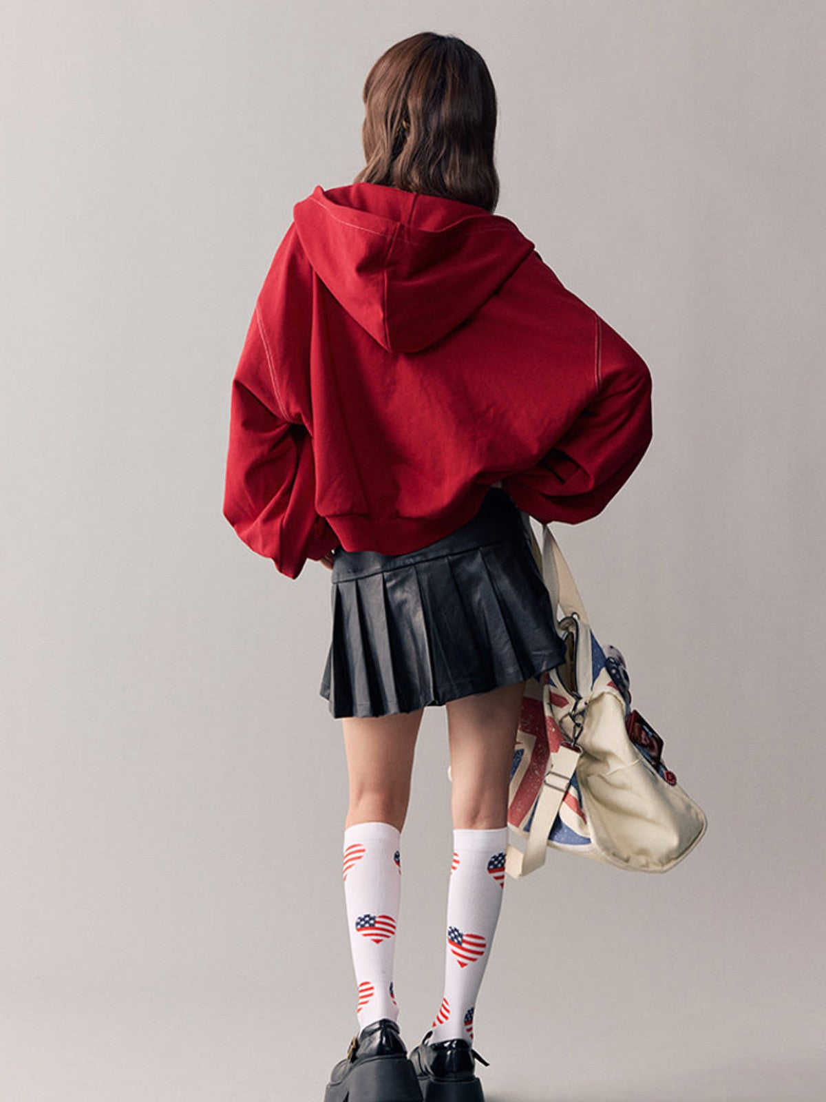 BEERBRO Studded Cross Zip Up Hoodie in Red - On Female Model