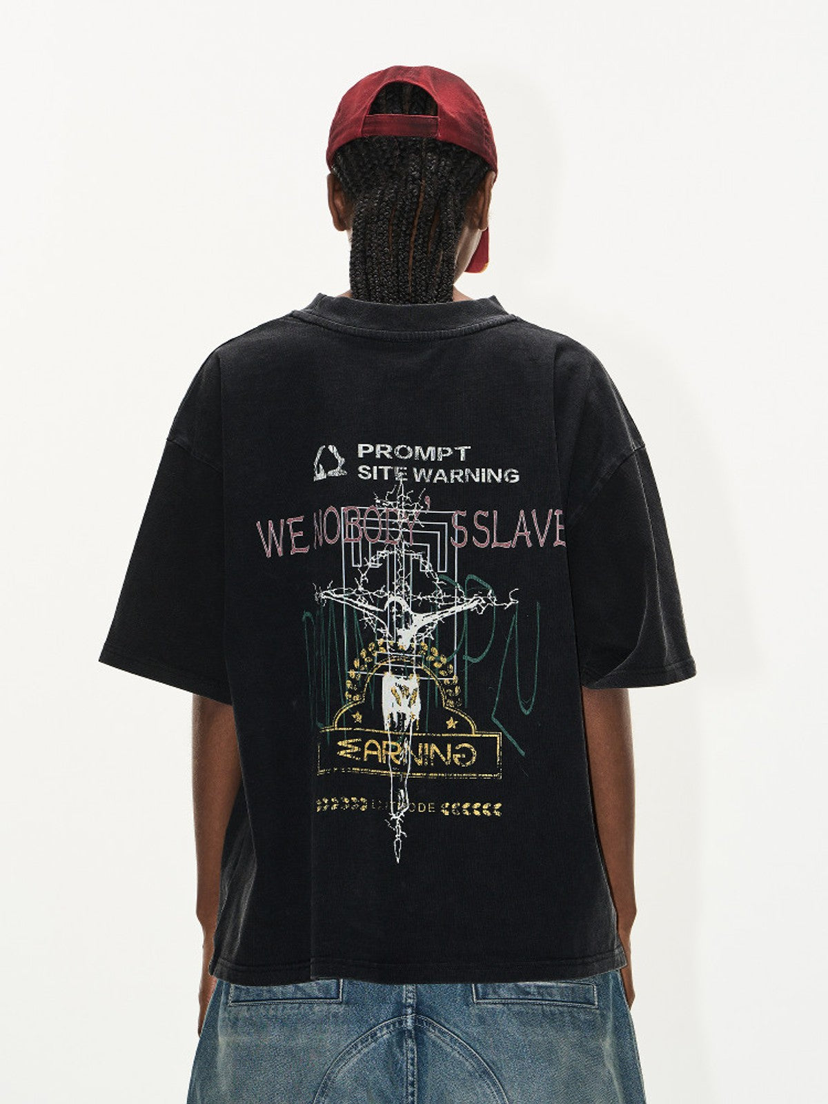 BLINDNOPLAN Distressed Overlapping Graphic T Shirt in Black - On Model