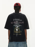 BLINDNOPLAN Distressed Overlapping Graphic T Shirt in Black - On Model