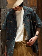 USAGE Cowboy Print Cotton Hawaiian Shirt in Teal - On Male Model