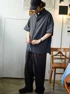 USAGE Cotton Crinkle Short Sleeve Shirt in Navy Blue - On Male Model