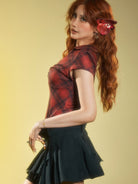 BEERBRO Plaid V Neck Collared Top in Burgundy - On Female Model