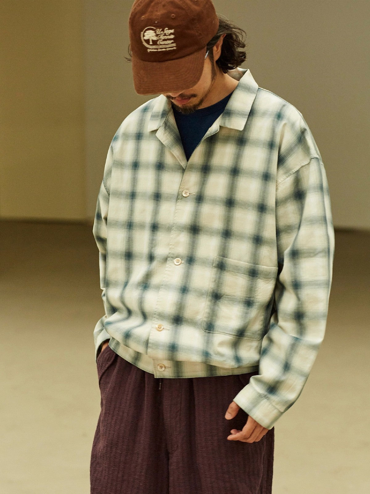 USAGE Gradient Plaid Cotton Blouson in Off-White - On Male Model